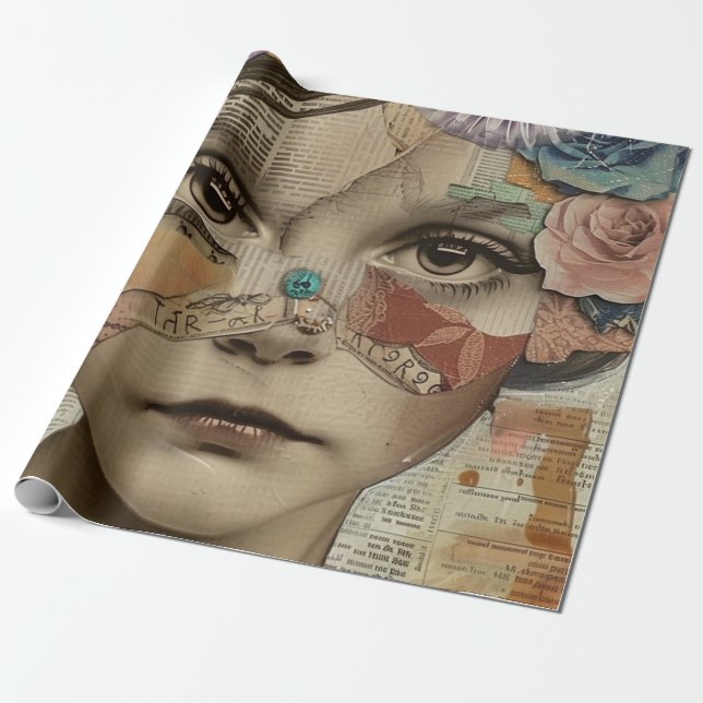Mixed Media Collage Portrait Art (10) Wrapping Paper (Unrolled)