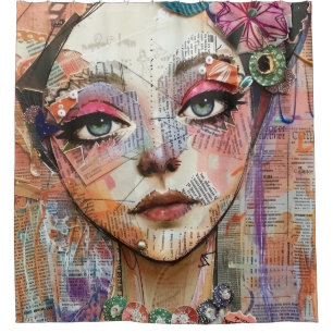 Mixed Media Collage Portrait Art (11) Shower Curtain