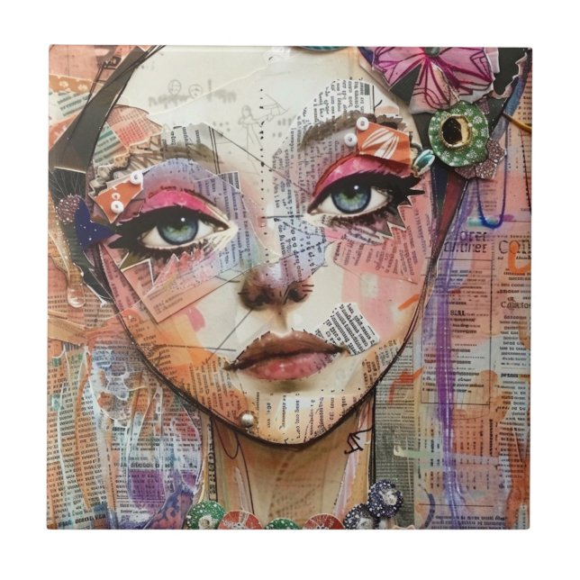 Mixed Media Collage Portrait Art (11) Tile (Front)