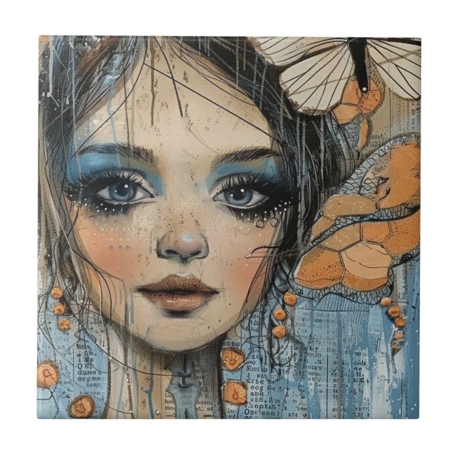 Mixed Media Collage Portrait Art (12) Tile (Front)