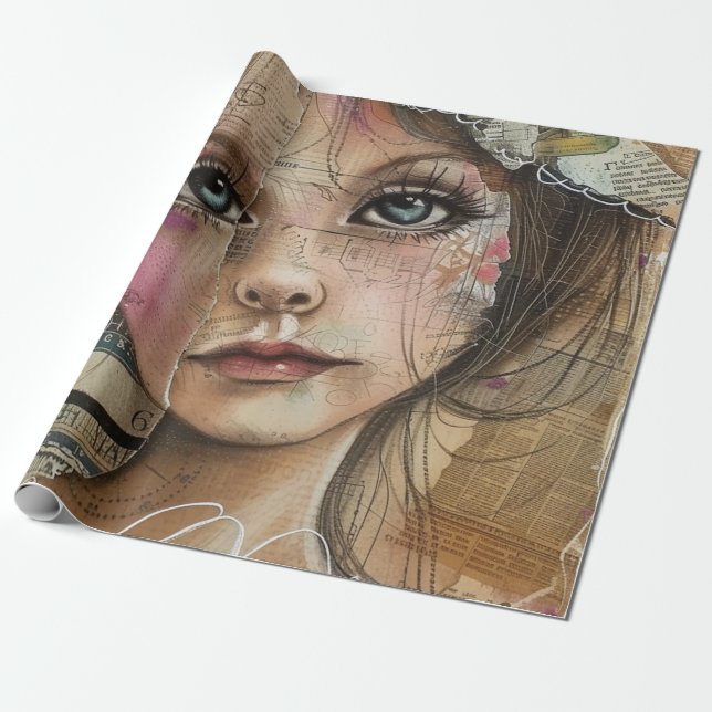 Mixed Media Collage Portrait Art (1) Wrapping Paper (Unrolled)