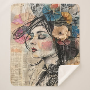 Mixed Media Collage Portrait Art (2) Sherpa Blanket