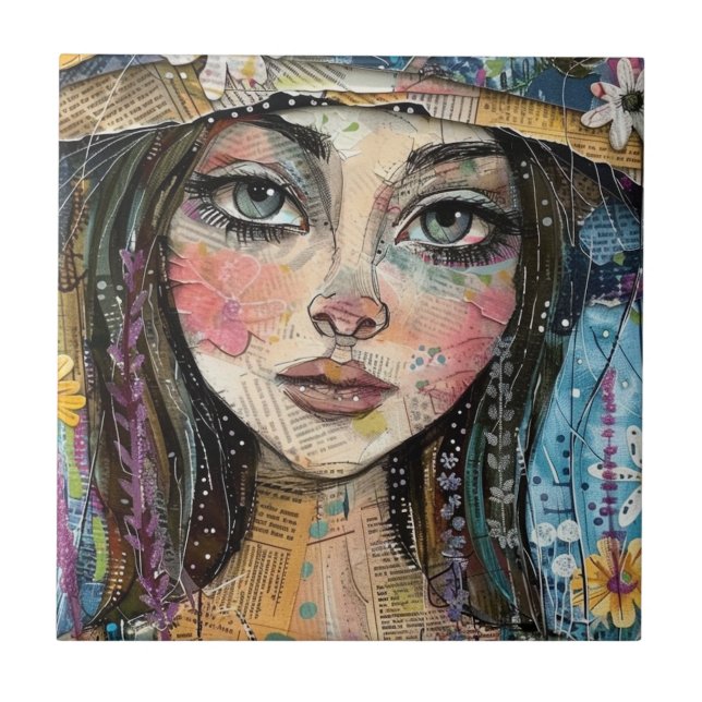 Mixed Media Collage Portrait Art (3) Tile (Front)