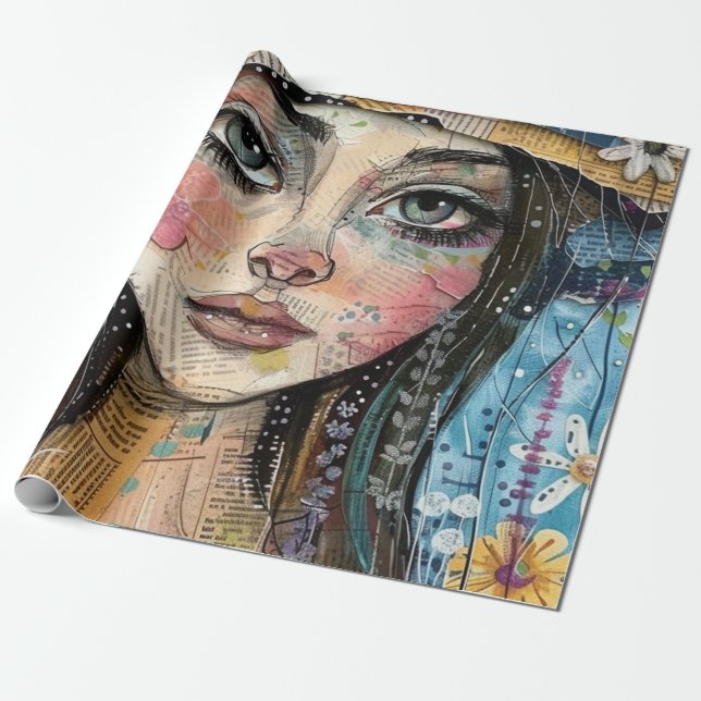 Mixed Media Collage Portrait Art (3) Wrapping Paper (Unrolled)
