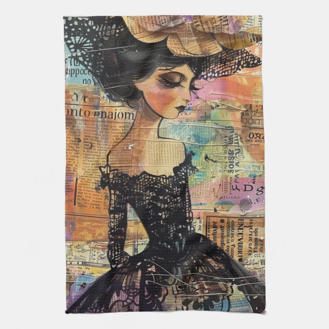 Mixed Media Collage Portrait Art (4) Tea Towel (Vertical)