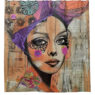 Mixed Media Collage Portrait Art (5) Shower Curtain
