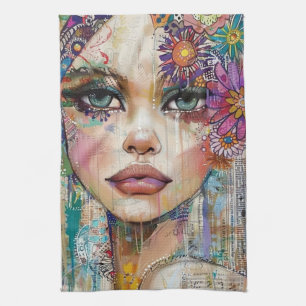 Mixed Media Collage Portrait Art (6) Tea Towel