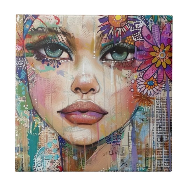 Mixed Media Collage Portrait Art (6) Tile (Front)