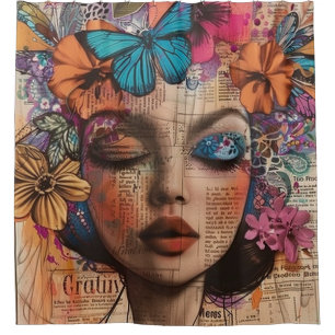 Mixed Media Collage Portrait Art (7) Shower Curtain
