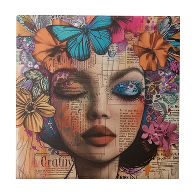 Mixed Media Collage Portrait Art (7) Tile (Front)