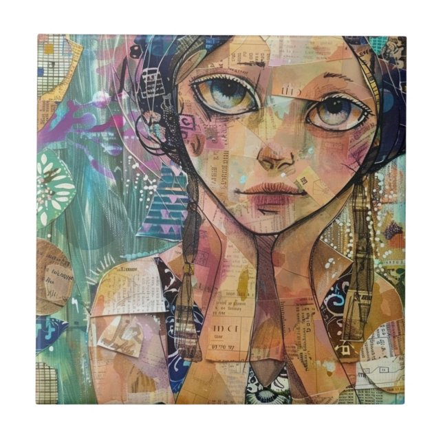 Mixed Media Collage Portrait Art (8) Tile (Front)