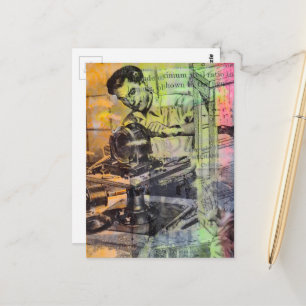 Mixed Media Collage Retro Woodworking Men Postcard