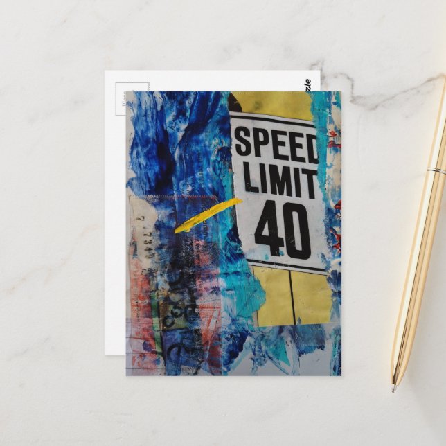 mixed media collage Speed Limit  Postcard (Front/Back In Situ)
