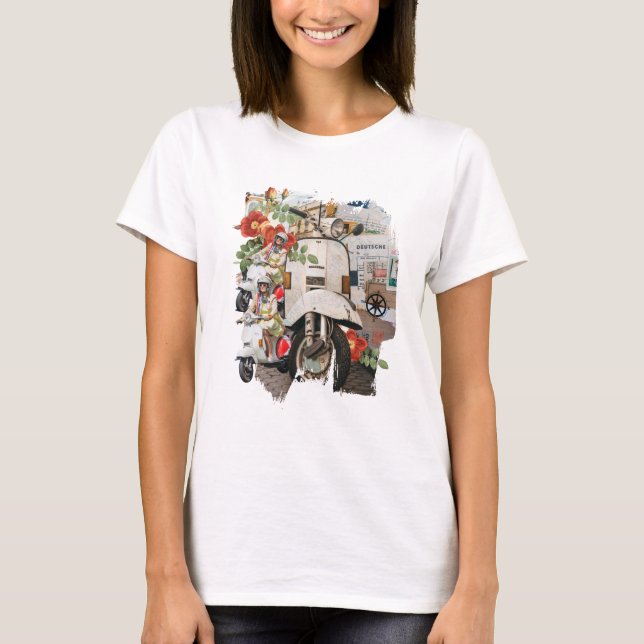 Mixed Media Collage Vintage Travelling Woman T-Shirt (Front)