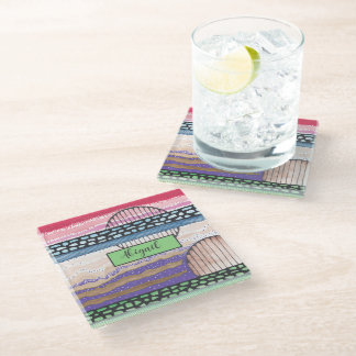 Mixed media, deep pink, abstract modern, your name glass coaster