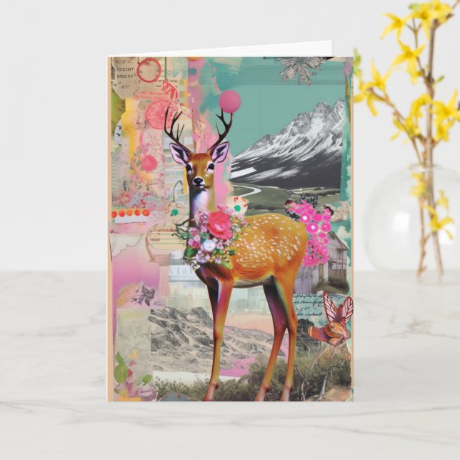 Mixed Media Deer Collage all occasions Card (Yellow Flower)