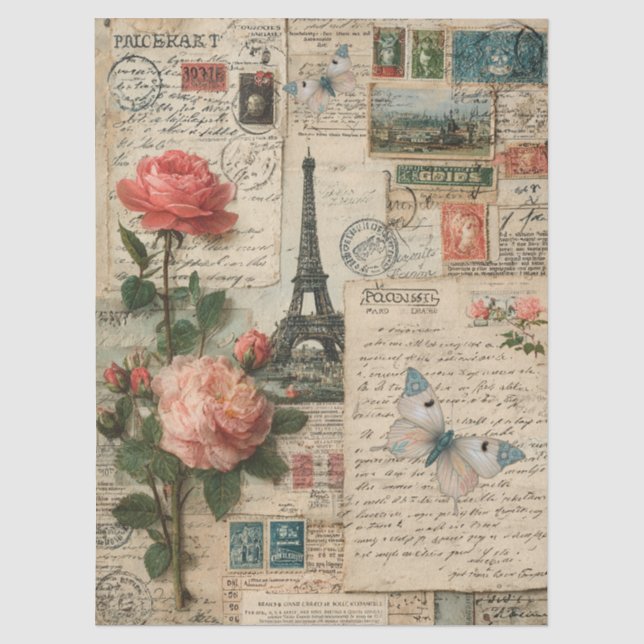 Mixed Media Eiffel Tower, Florals & Butterflies Tissue Paper (Front)