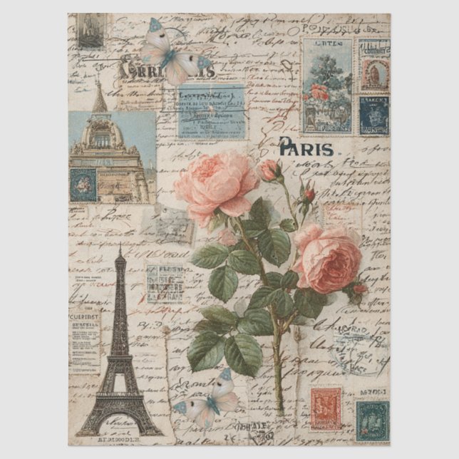 Mixed Media Eiffel Tower, Florals & Butterflies Tissue Paper (Front)