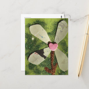 Mixed media flower pink heart centre postcard