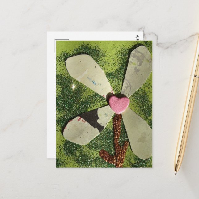 Mixed media flower pink heart centre postcard (Front/Back In Situ)
