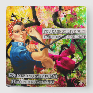Mixed Media Inspirational Rosie the Riveter   Square Wall Clock