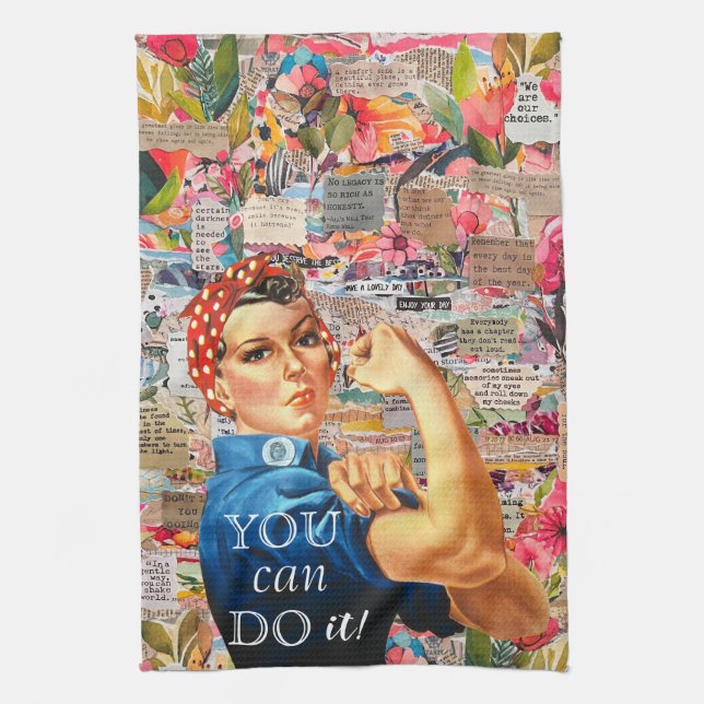 Mixed Media Inspirational Rosie the Riveter   Tea Towel (Vertical)