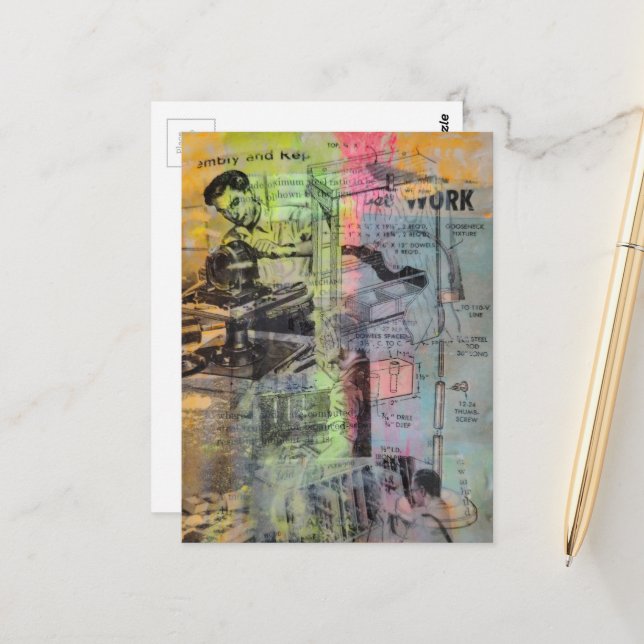 Mixed Media Retro Hobbies Woodworking Men Postcard (Front/Back In Situ)
