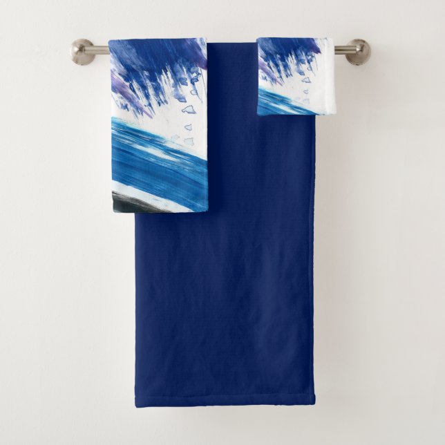 Mixed media watercolor blue abstract artistic bath towel set (Insitu)