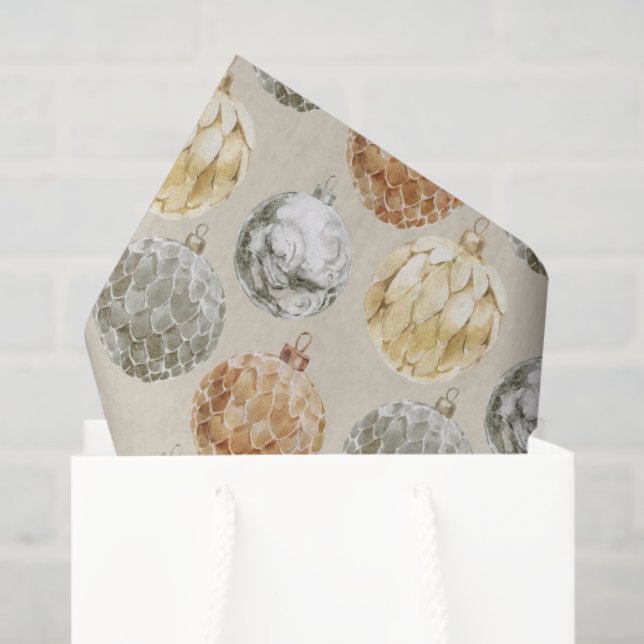 Mixed Metallic Ornaments on Neutral Beige Tissue Paper (Gift Bag)