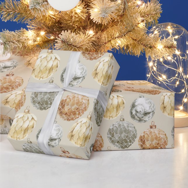 Mixed Metallic Ornaments on Neutral Beige Wrapping Paper (Holidays)