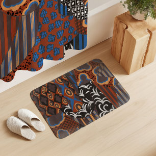 Mixed Motif Drapery Rust Brown Cobalt Blue Black Bath Mat