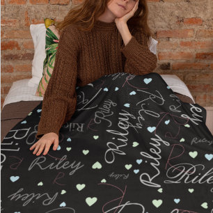 mixed names initials and hearts replicated  fleece blanket