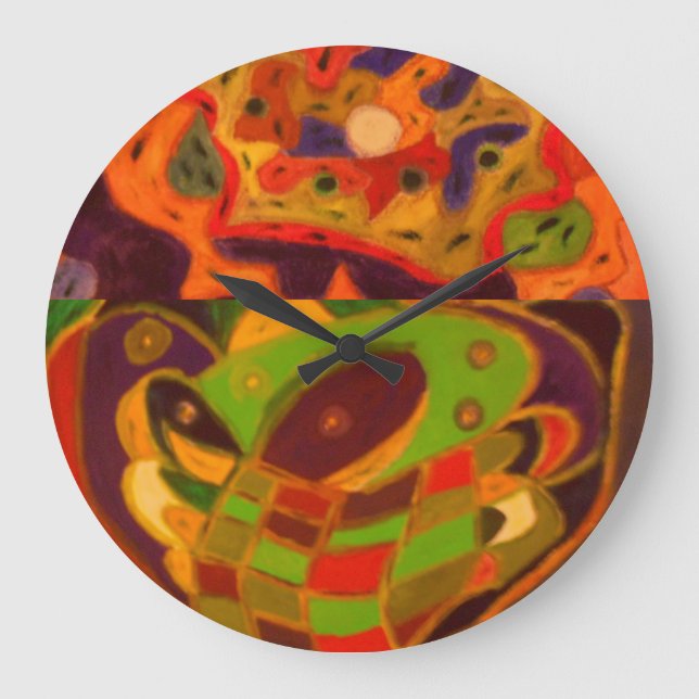 Mixed patterns earth colours whimsical design large clock (Front)