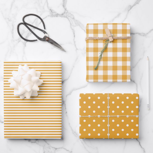 Mixed Patterns Marigold Stripes Gingham Polka Dot Wrapping Paper Sheet (Front)
