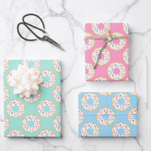 Mixed Pink, Blue & Green Multi Coloured Doughnuts Wrapping Paper Sheet