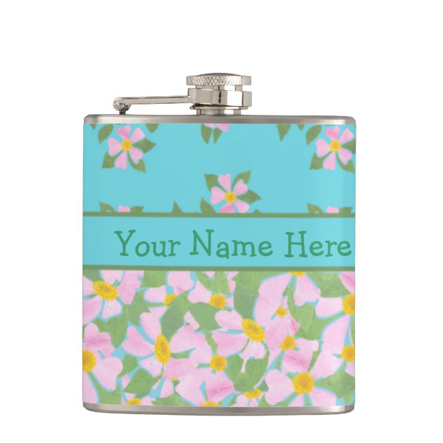 Mixed Pink Dogrose Floral Hip Flask to Personalize (Front)