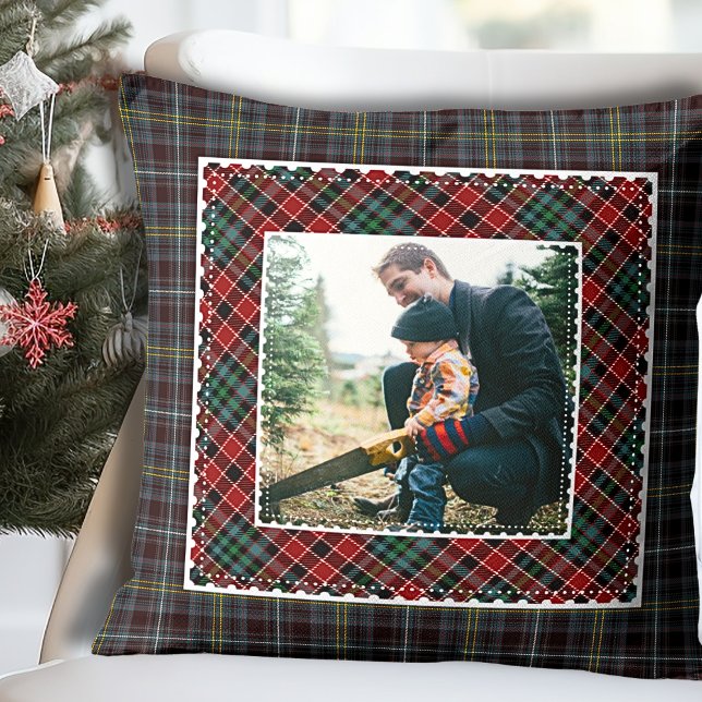 Mixed Plaid Modern Rustic Family Photo Cushion (Mixed Plaid Modern Rustic Family Photo Throw Pillow)