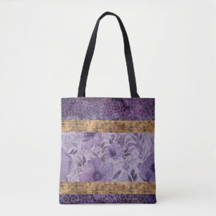 Mixed purple floral pattern leopard tote bag