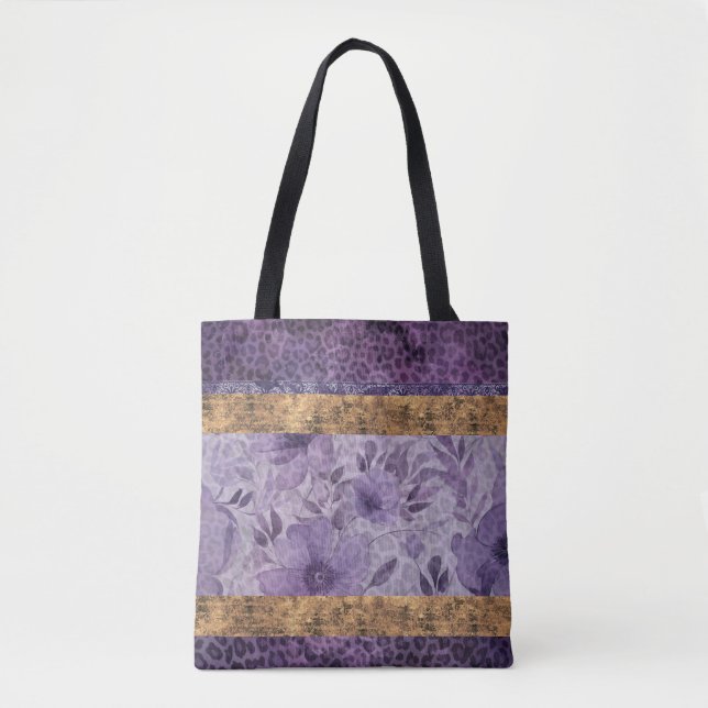 Mixed purple floral pattern leopard  tote bag (Front)