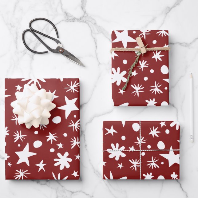MIXED Red and White Stars Recyclable Christmas  Wrapping Paper Sheet (Front)