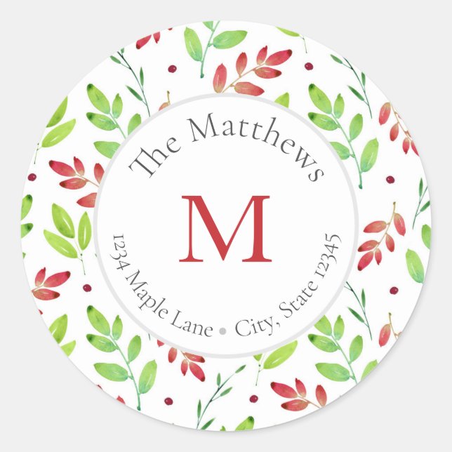 Mixed Red, Green Watercolor Leaves Pattern labels (Front)