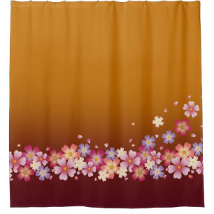 Mixed Sakura Blossoms Kimono Style Burgundy & Gold Shower Curtain