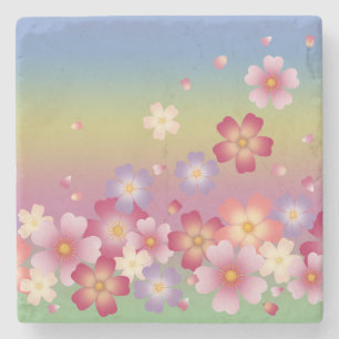 Mixed Sakura Blossoms Kimono Style Rainbow Stone Coaster