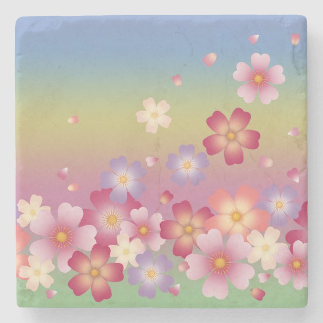 Mixed Sakura Blossoms Kimono Style Rainbow Stone Coaster (Front)