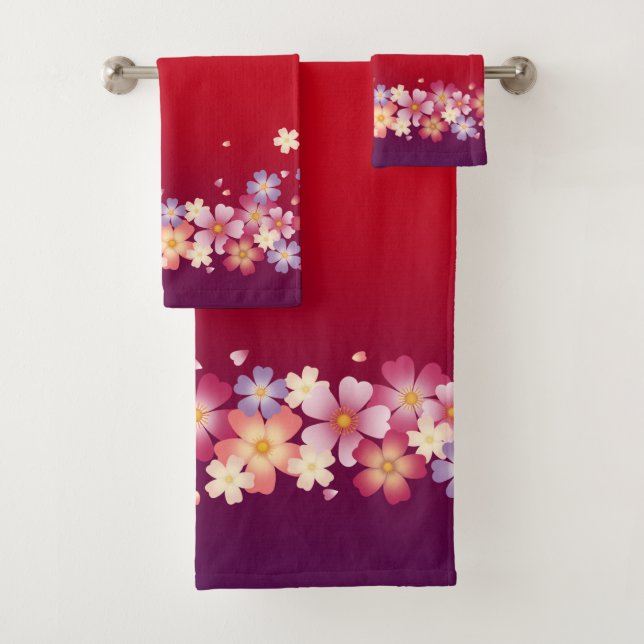 Mixed Sakura Blossoms Kimono Style Red & Purple Bath Towel Set (Insitu)