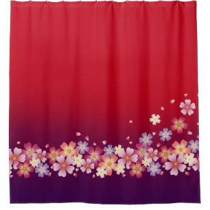 Mixed Sakura Blossoms Kimono Style Red & Purple Shower Curtain