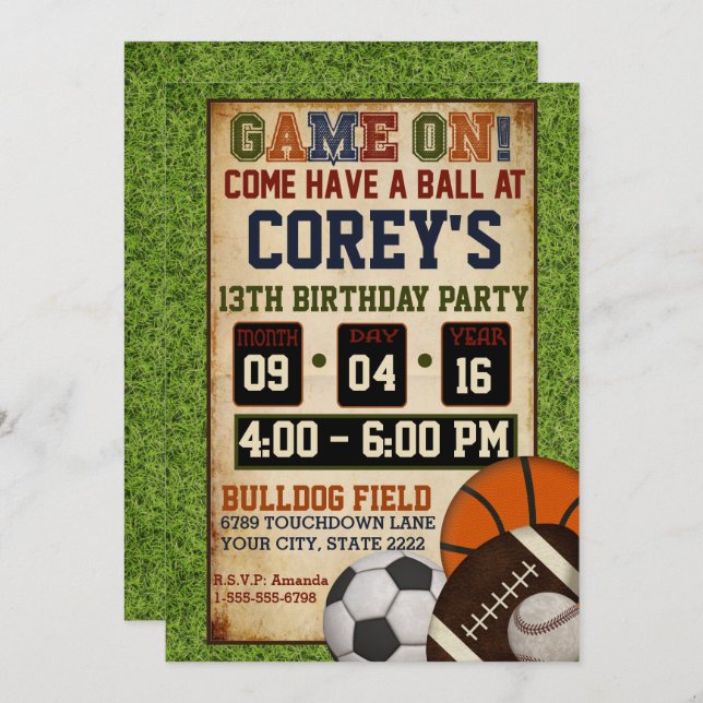 Mixed Sports Birthday Party Invitation (Front/Back)