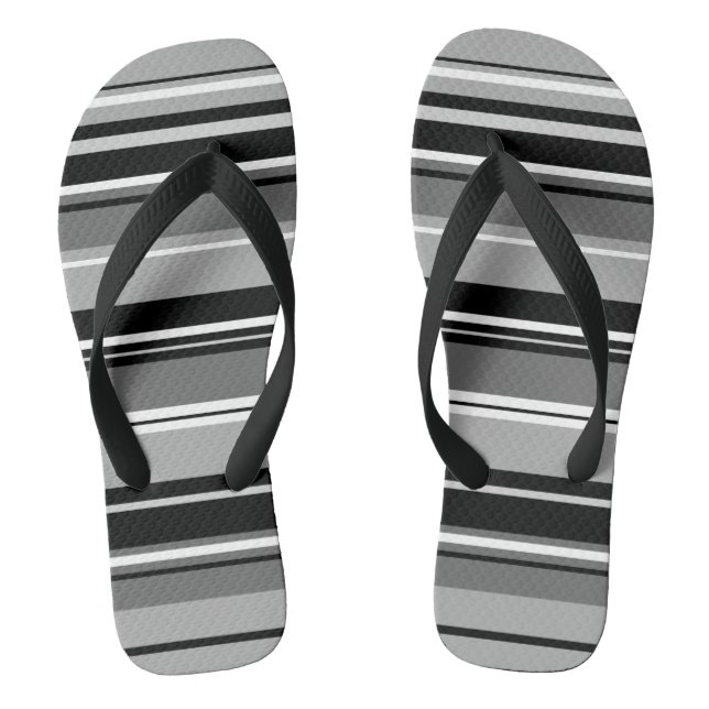 Mixed Striped Pattern Black White Greys Flip Flops (Footbed)