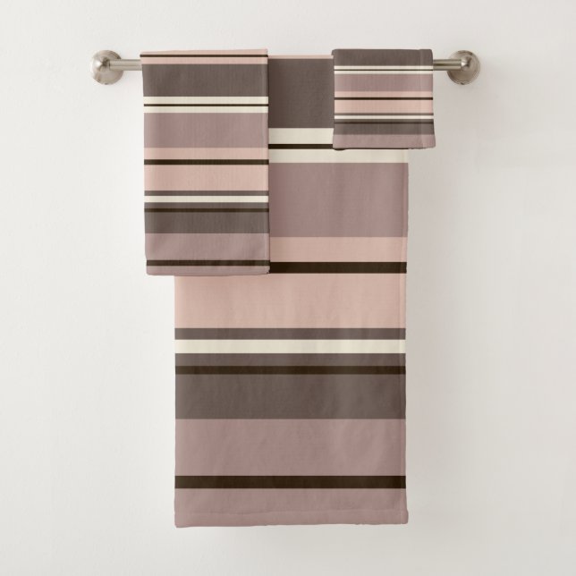 Mixed Striped Pattern Browns Taupe Creams Bath Towel Set (Insitu)