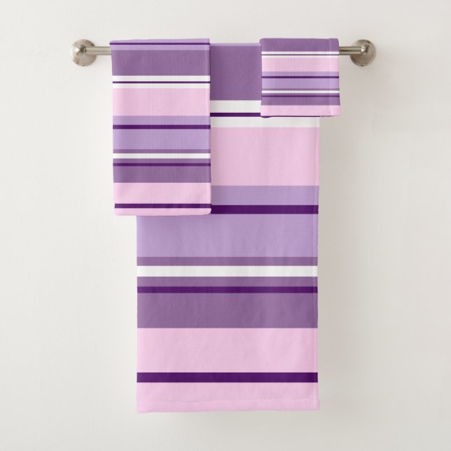 Mixed Striped Pattern Pinks Purples White Bath Towel Set (Insitu)